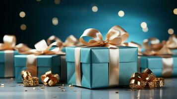 Gift box with satin ribbon and bow on blue background with copy space Generative AI photo