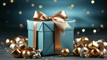 Gift box with satin ribbon and bow on blue background with copy space Generative AI photo