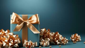 Gift box with satin ribbon and bow on blue background with copy space Generative AI photo