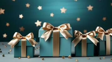 Gift box with satin ribbon and bow on blue background with copy space Generative AI photo