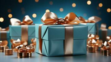 Gift box with satin ribbon and bow on blue background with copy space Generative AI photo