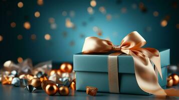 Gift box with satin ribbon and bow on blue background with copy space Generative AI photo