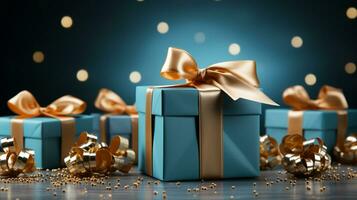 Gift box with satin ribbon and bow on blue background with copy space Generative AI photo
