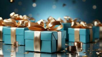 Gift box with satin ribbon and bow on blue background with copy space Generative AI photo