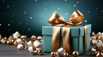 Gift box with satin ribbon and bow on blue background with copy space Generative AI photo