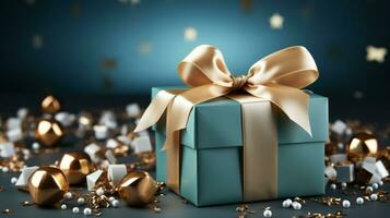 Gift box with satin ribbon and bow on blue background with copy space Generative AI photo