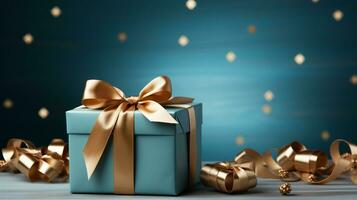 Gift box with satin ribbon and bow on blue background with copy space Generative AI photo