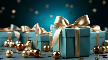 Gift box with satin ribbon and bow on blue background with copy space Generative AI photo