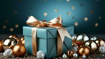 Gift box with satin ribbon and bow on blue background with copy space Generative AI photo
