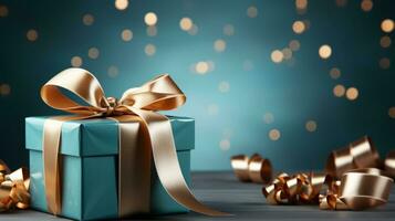 Gift box with satin ribbon and bow on blue background with copy space Generative AI photo