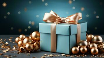 Gift box with satin ribbon and bow on blue background with copy space Generative AI photo