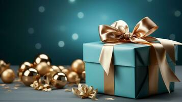 Gift box with satin ribbon and bow on blue background with copy space Generative AI photo