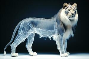 ai generado lado ver de un adulto león en contra un oscuro antecedentes. radiografía de un leon cuerpo. generativo ai foto