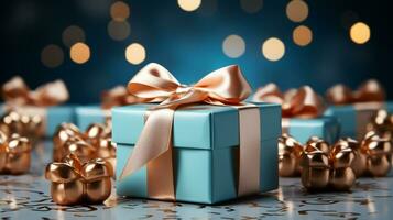 Gift box with satin ribbon and bow on blue background with copy space Generative AI photo