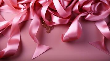 Pink ribbon on pink background with copy space Generative AI photo