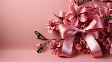 Pink ribbon on pink background with copy space Generative AI photo