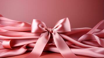 Pink ribbon on pink background with copy space Generative AI photo