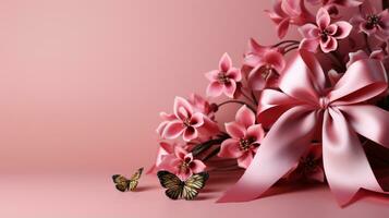 Pink ribbon on pink background with copy space Generative AI photo