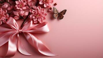 Pink ribbon on pink background with copy space Generative AI photo