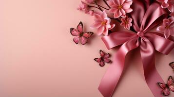 Pink ribbon on pink background with copy space Generative AI photo