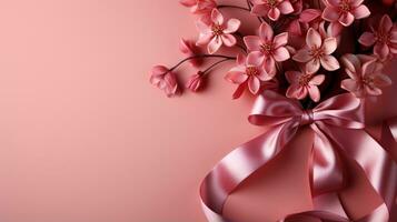 Pink ribbon on pink background with copy space Generative AI photo