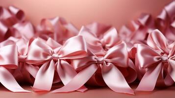 Pink ribbon on pink background with copy space Generative AI photo