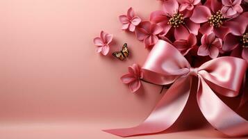 Pink ribbon on pink background with copy space Generative AI photo