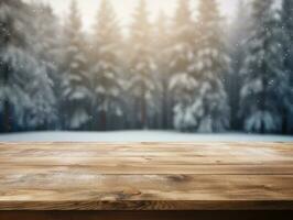 AI generated Wooden table looking out to a Christmas winter landscape photo