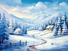 ai generado Iniciar sesión cabina en un Navidad invierno paisaje foto