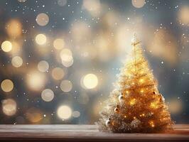 AI generated Gold Christmas tree on a sparkly bokeh lights background photo