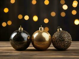 AI generated Christmas baubles on a bokeh lights background photo
