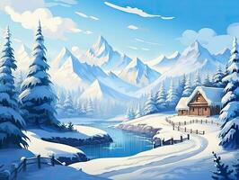 AI generated Christmas winter landscape with log cabin photo