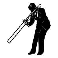 Silhouette of street musician playing on a trombone. Vector clipart isolated on white.