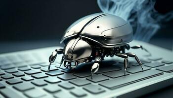 Beetle attacks and destroys electronics. Concept of computer virus and malicious software code. Generative AI photo