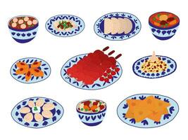 Set of Central Asian food cuisine dishes in cartoon style. Different kinds of central Asian cuisine samsa, shorpa, shashlik, pilaf, lagman soup and beshbarmak vector set