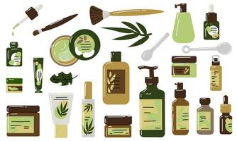 A large set of various cosmetics for body, hair and skin care. A set of organic cosmetics and makeup products in bottles and jars. Color flat vector illustration highlighted on a white background