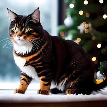AI generated Cat With Christmas Tree Background photo