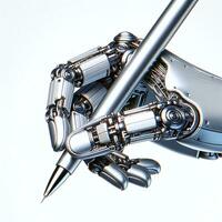 Robotic hand holding a pen, with intricate mechanical details and silver finish. AI Generative photo