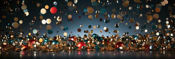 Golden and colorful confetti scattered and floating in the air against a dark background, depicting a festive, celebratory atmosphere. AI Generative photo