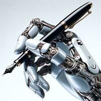Robotic hand holding a pen, with intricate mechanical details and silver finish. AI Generative photo