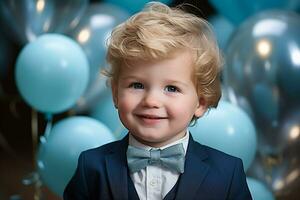 Happy toddler smiling joyfully at his birthday party, surrounded by blue balloons and festive decorations. Perfect for festive, birthday, or joyful childhood concepts.. AI Generative photo