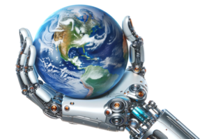 Concept of technology's global impact. Robotic hand holding an Earth globe on transparent background. AI Generative png