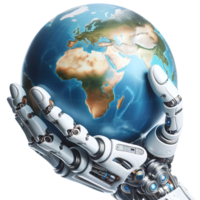 Concept of technology's global impact. Robotic hand holding an Earth globe on transparent background. AI Generative png