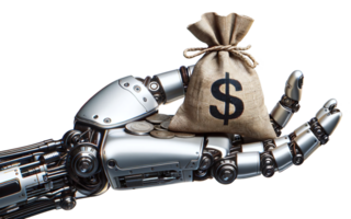 A robotic arm holding a burlap money bag with a dollar sign on transparent background. Concept of financial technology or automation in finance. AI Generative png