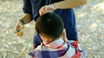 Barbier Schneiden Haar von ein asiatisch Junge im ein öffnen Raum gefüllt mit Bäume. video