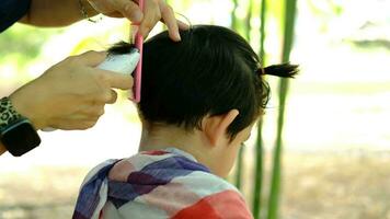 Barbier Schneiden Haar von ein asiatisch Junge im ein öffnen Raum gefüllt mit Bäume. video