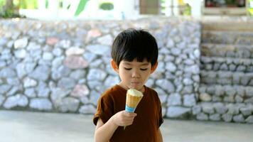 pequeño asiático chico comiendo delicioso blanco chocolate hielo crema video