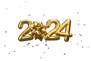 Modern Style gold 2024 3D render balloon text with ribbon ball png