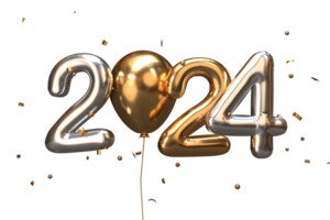 Modern Style silver gold 2024 3D render balloon text with balloon png