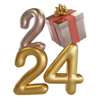 Modern Style gold 2024 3D render balloon text with gift box png